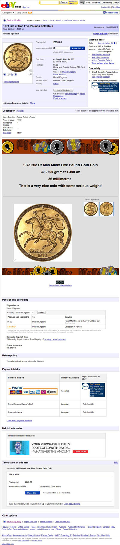 barryetchells Using Our Mint Condition 1973 Manx Gold Five Pounds Images in eBay Auctions